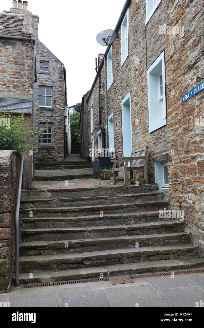 Steps between old sandstone houses in Stromness, Orkney, Scotland Stock Photo