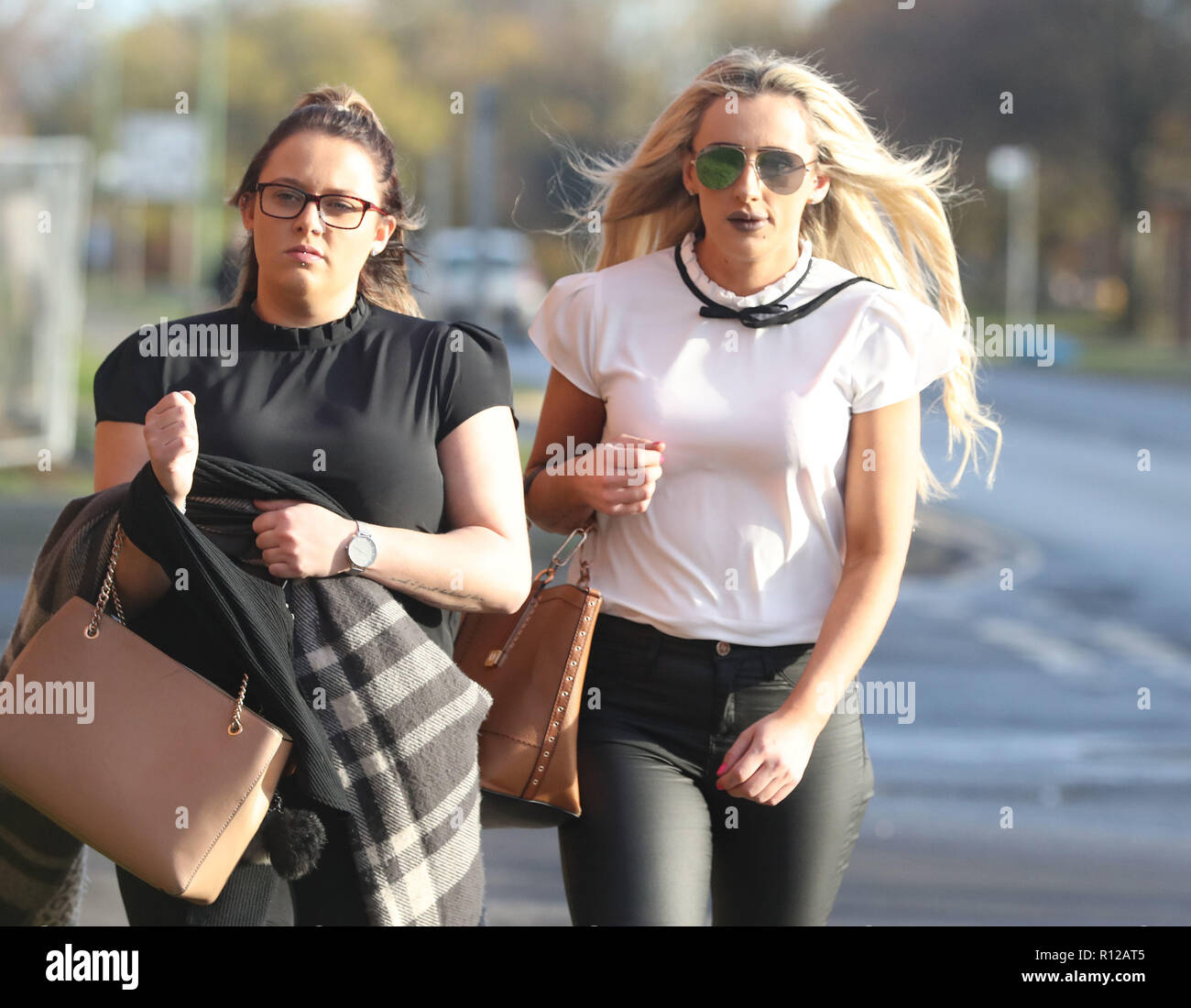 Prison Officer Stacey Sutherland (right), 27, arrives at Newton Aycliffe Magistrates Court, County Durham, charged with misconduct in a public office at Deerbolt Young Offenders Institute, for allegedly having an affair with an inmate. Stock Photo