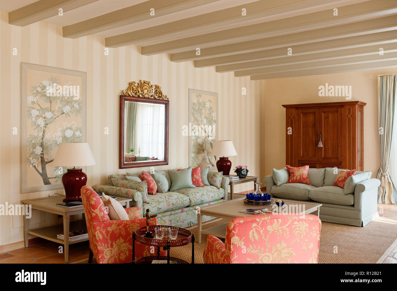 Country Style Living Room With Floral Patterns Stock Photo