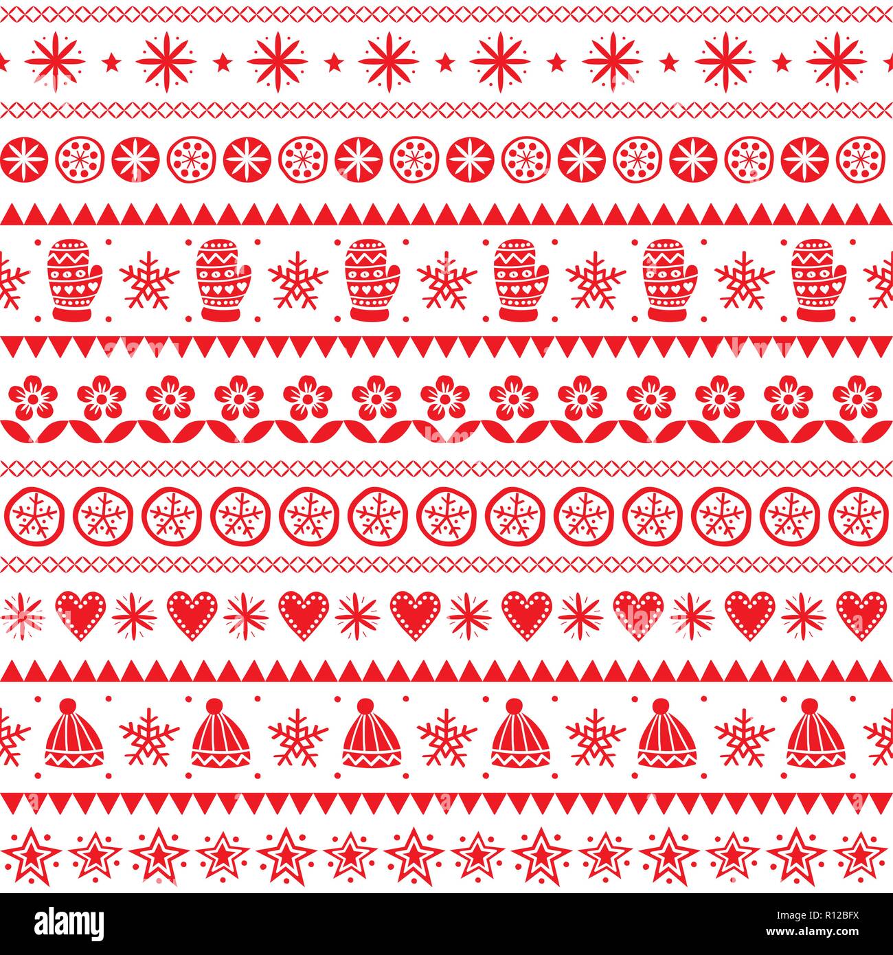 Winter folk art vector seamless pattern, Christmas red ornament hand ...