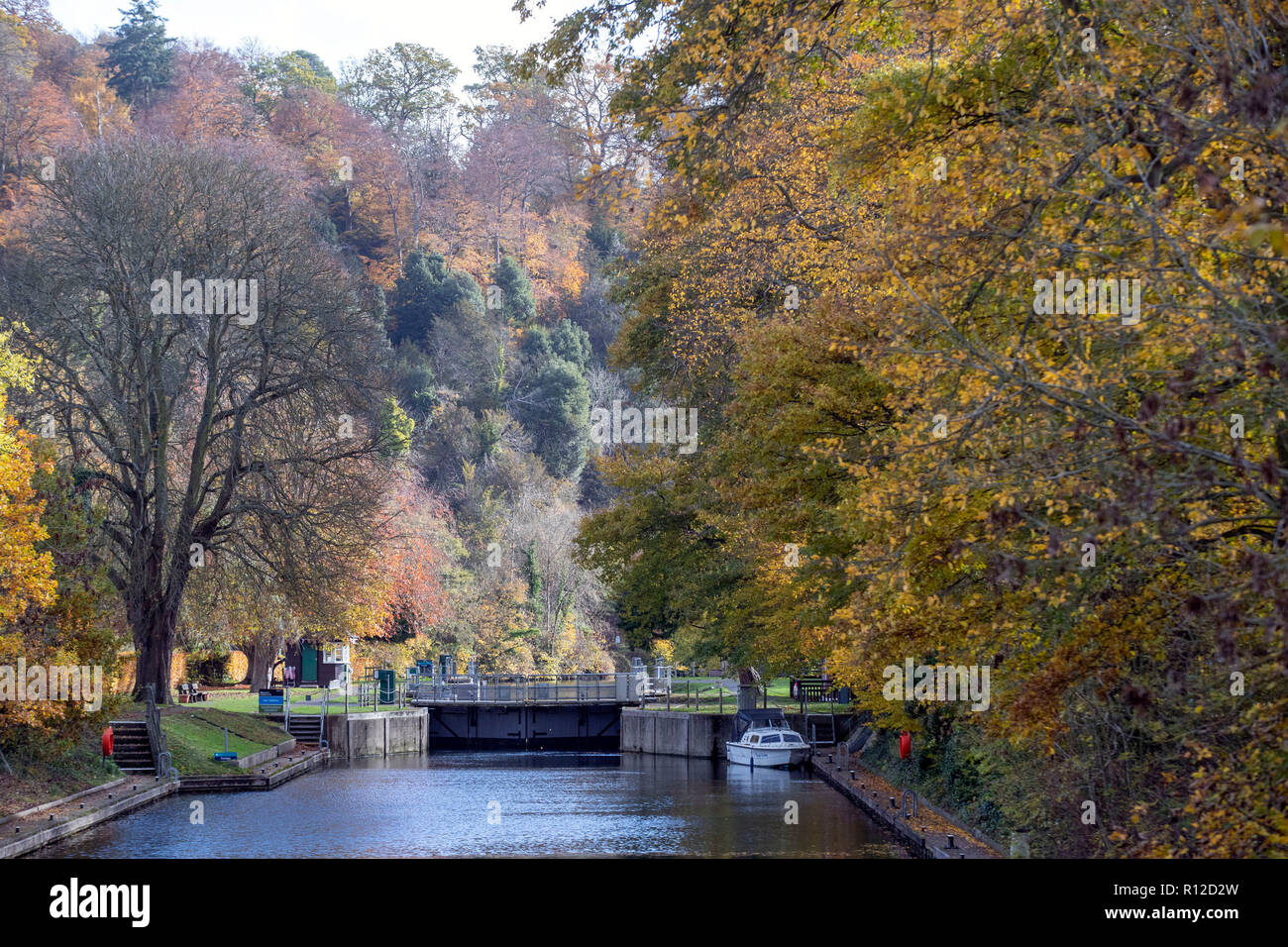 Autumn trees along the River Thames at Cookham Lock, in Berkshire. Stock Photo