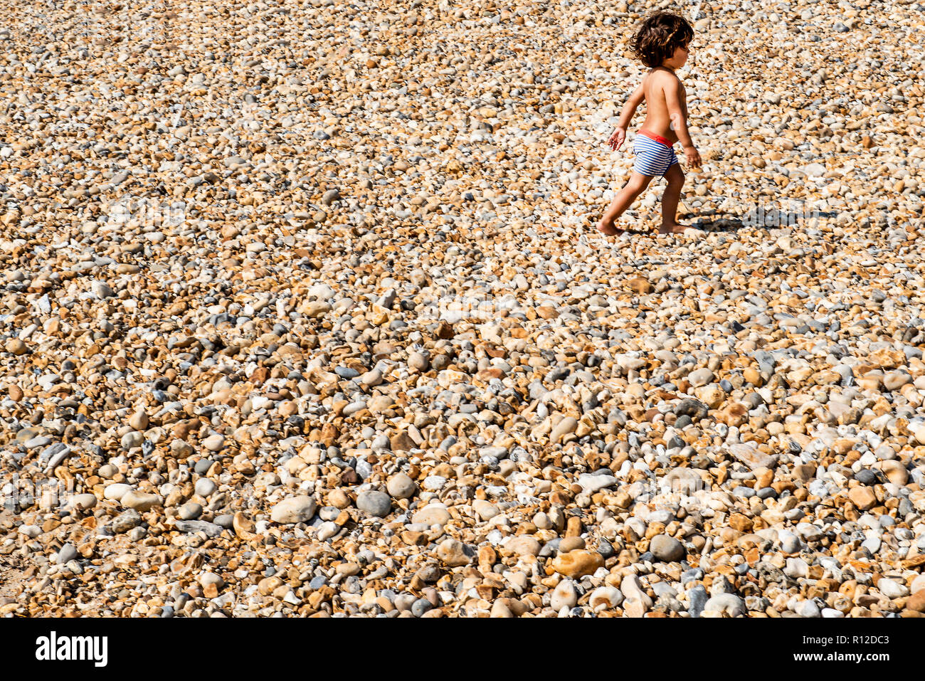 Toddler walking on pebble beach Stock Photo Alamy