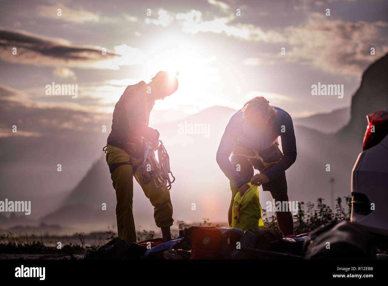 Friends on rock climbing trip, Squamish, Canada Stock Photo