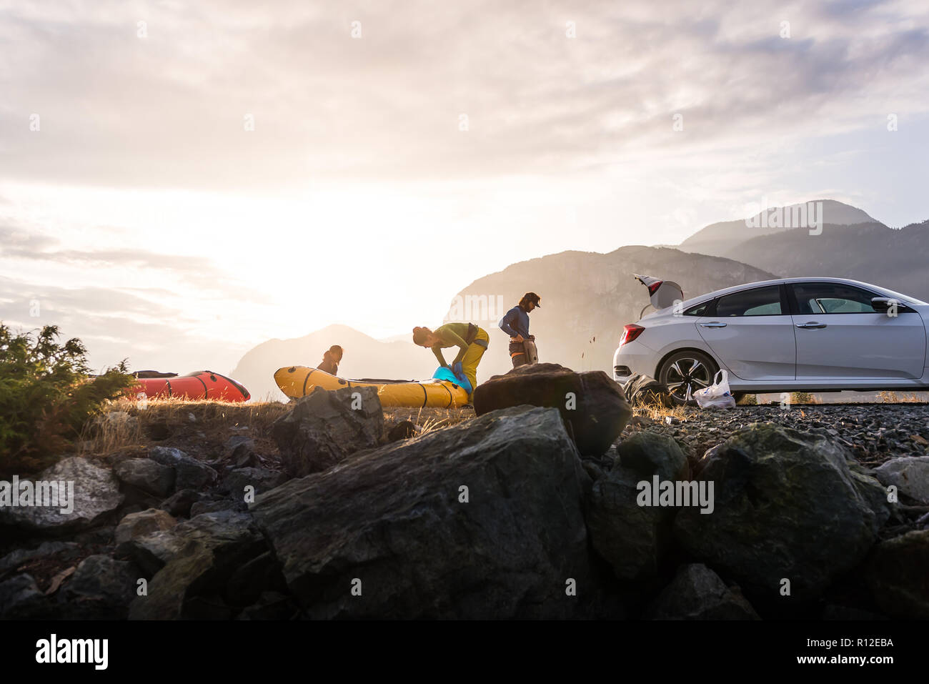 Friends on rock climbing trip, Squamish, Canada Stock Photo