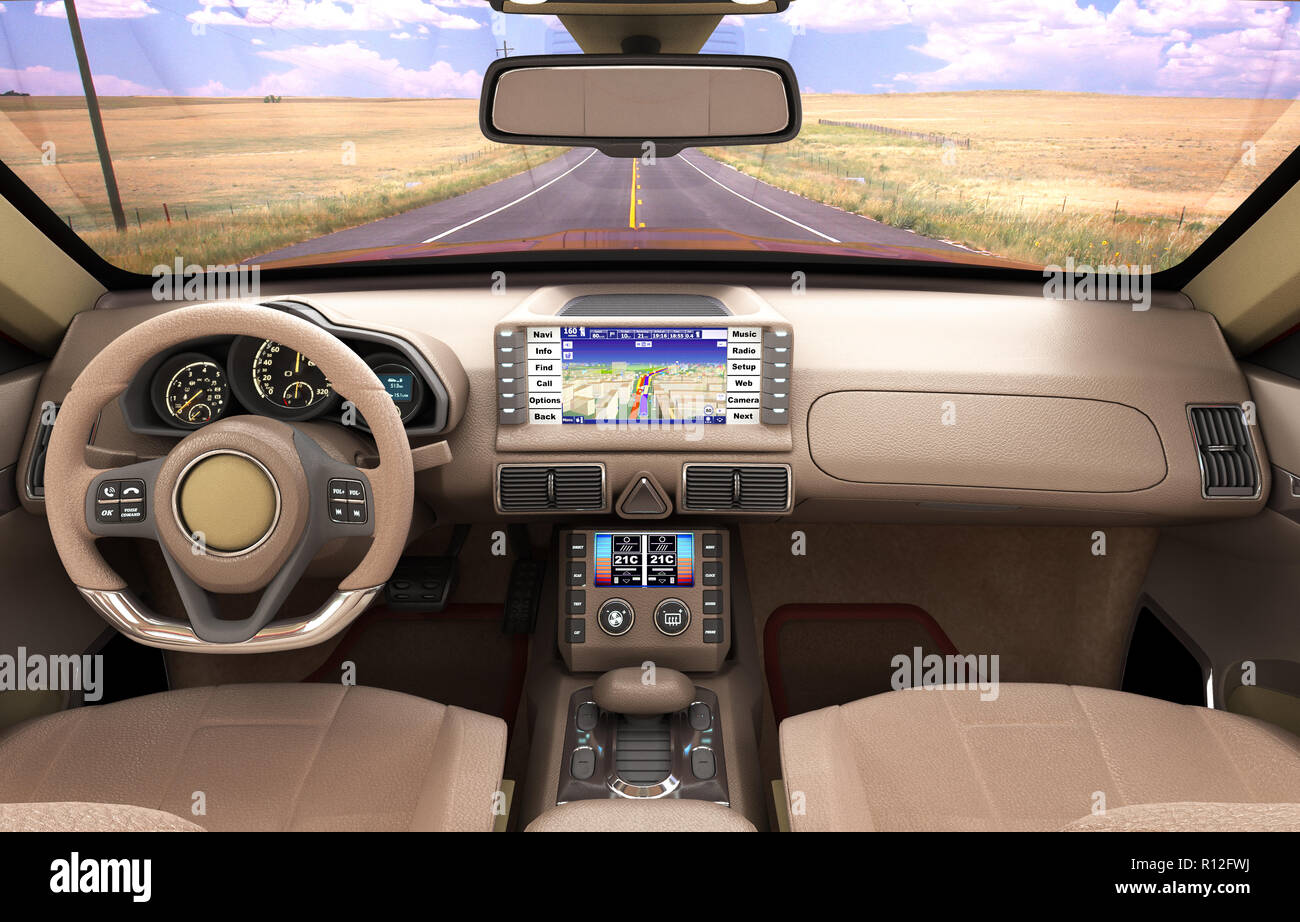 Front view dashboard of modern brand new car with road in the windows
