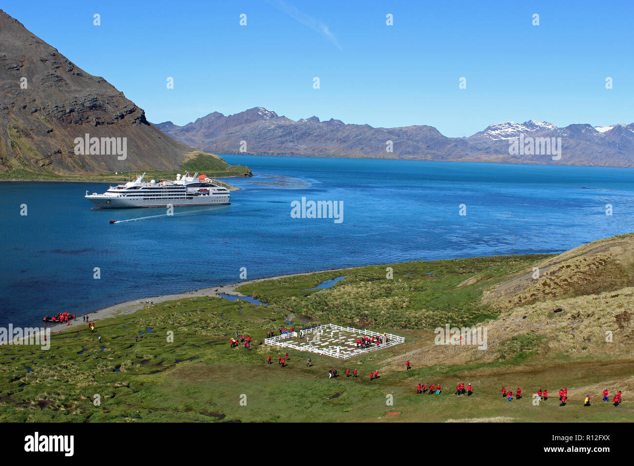 Grytviken, King Edward Cove Harbour, South Georgia, South Atlantic. Cruise ship passengers walking from cemetery where Ernest Shackleton is buried Stock Photo