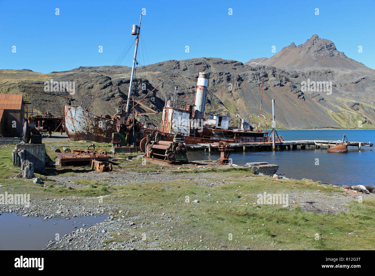 The Old Whaling Ship Petrel at Grytviken, South Georgia, South Atlantic, Sub-Antarctic.  There is a museum here. Sir Ernest Shackleton is buried here Stock Photo