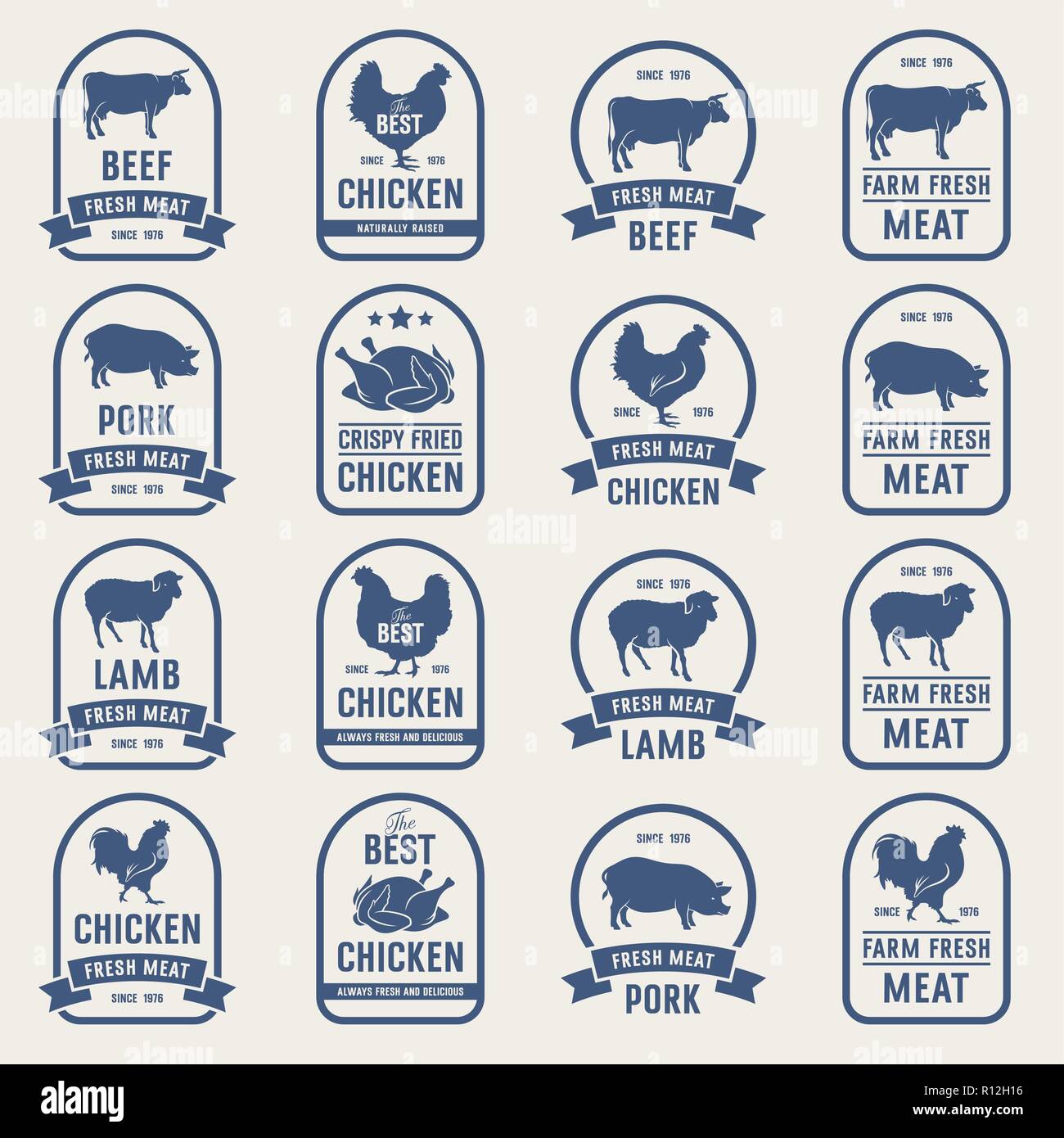 Big set of meat labels, fresh meat stamps. Ideas for butcher shop and Farm Market Stock Vector