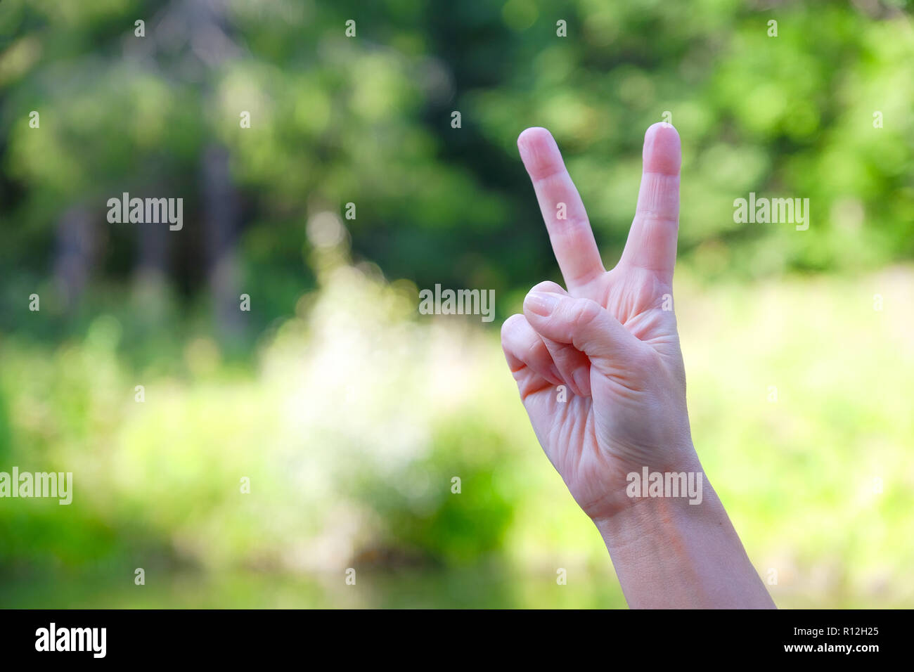 Two fingers up is a common gesture meaning victory or peace Stock Photo Alamy