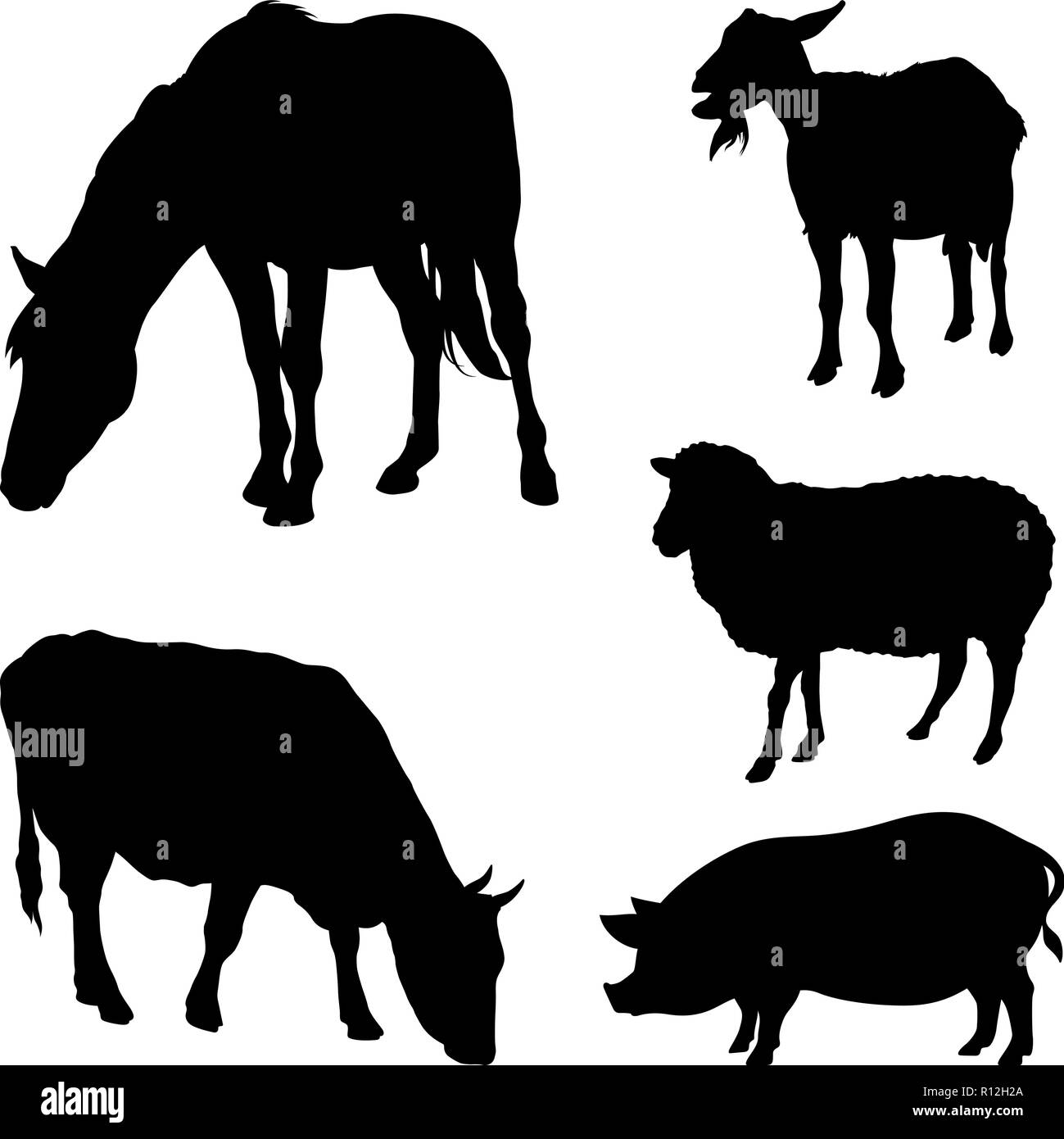Vector silhouettes of farm animals isolated on white Stock Vector Image ...