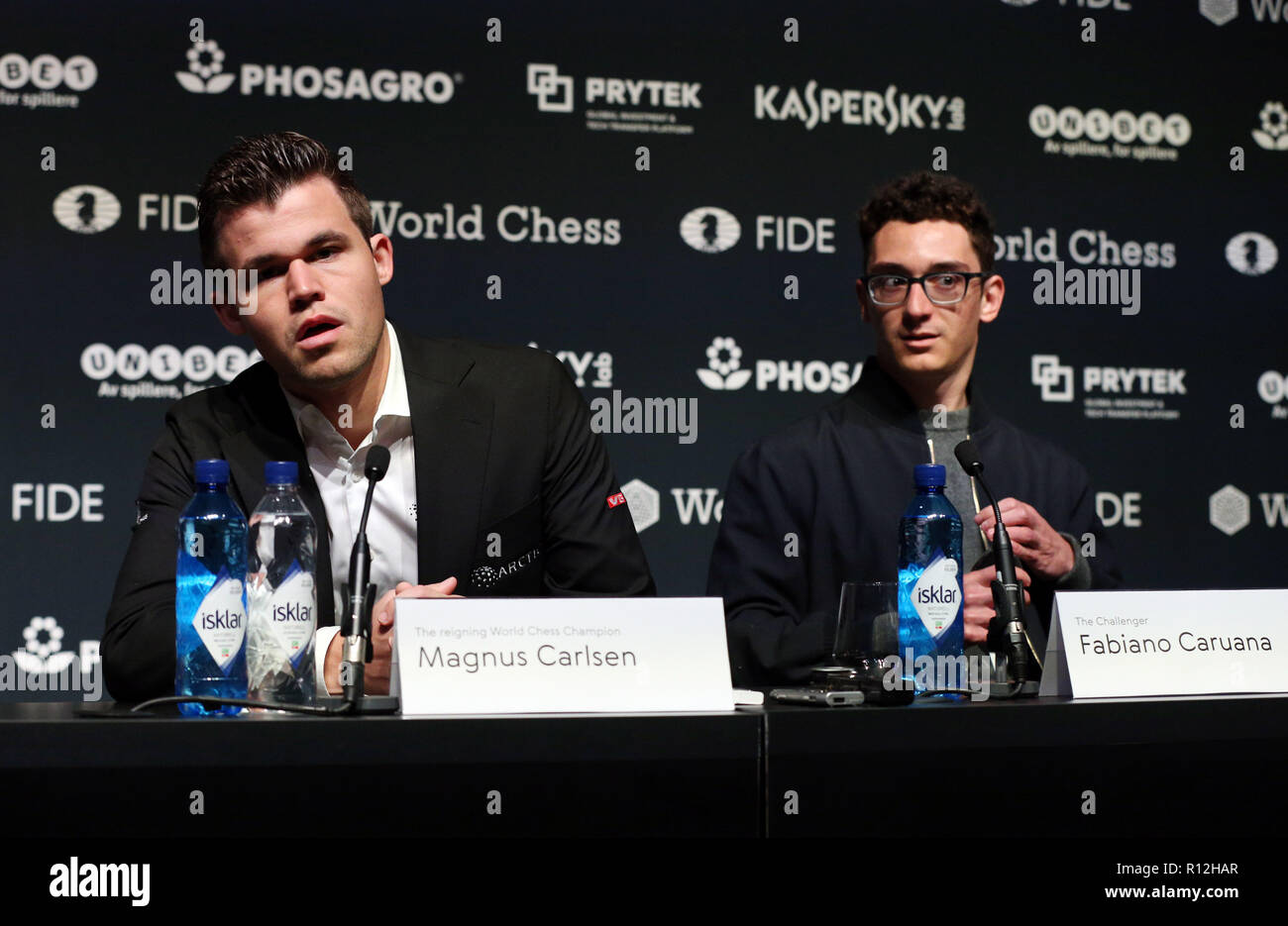 Reigning FIDE world chess champion Magnus Carlsen (right), defends his  title against US challenger Fabiano Caruana, during the first game of the  FIDE World Chess Championship at The College, Southampton Row in