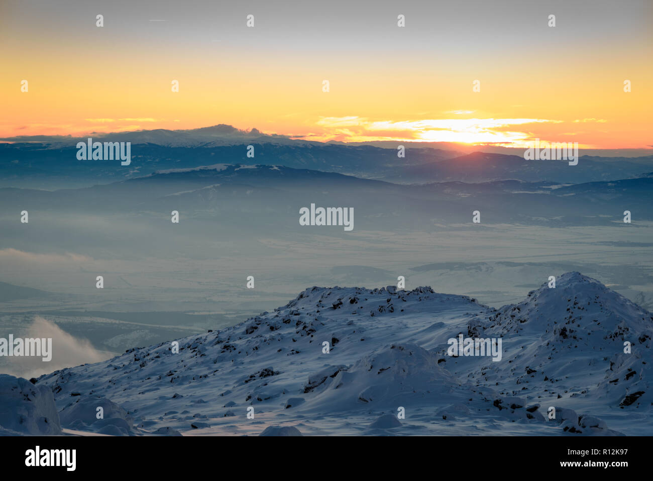 Beautiful winter sunrise on a mountain top - frozen beauty with snowy ...