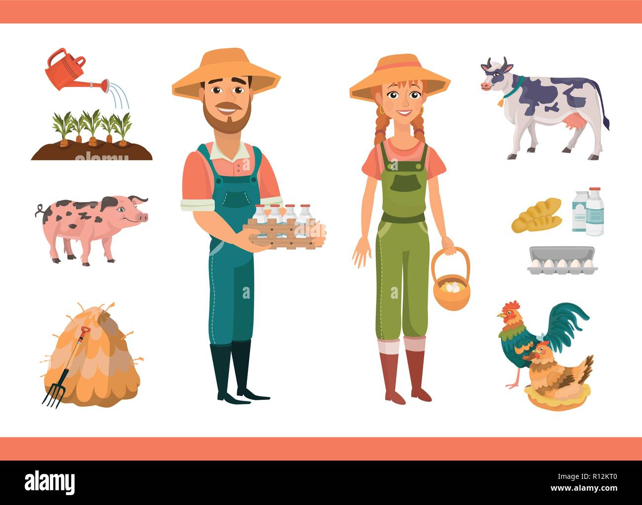 Cartoon farm clipart collection with farm workers (man and woman), farm animals (pig and cow) and birds (rooster and hen), farm tools and products. Is Stock Vector