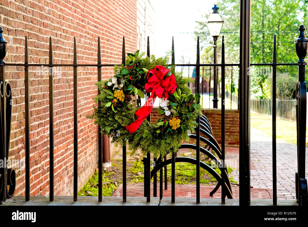 Christmas Bow Decorate Fence Stock Photos Christmas Bow Decorate
