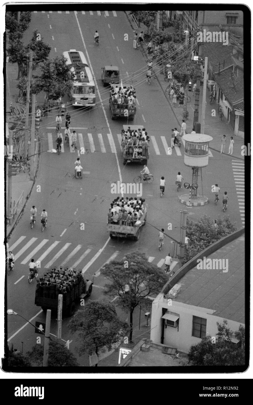 China Shanghai a few days after the massacre in Tiananmen Square in June 1989. Scans made in 2018 Students march through the centre of Shabghai in protest at the deaths of their fellow students in Beijing a few days earlier Stock Photo