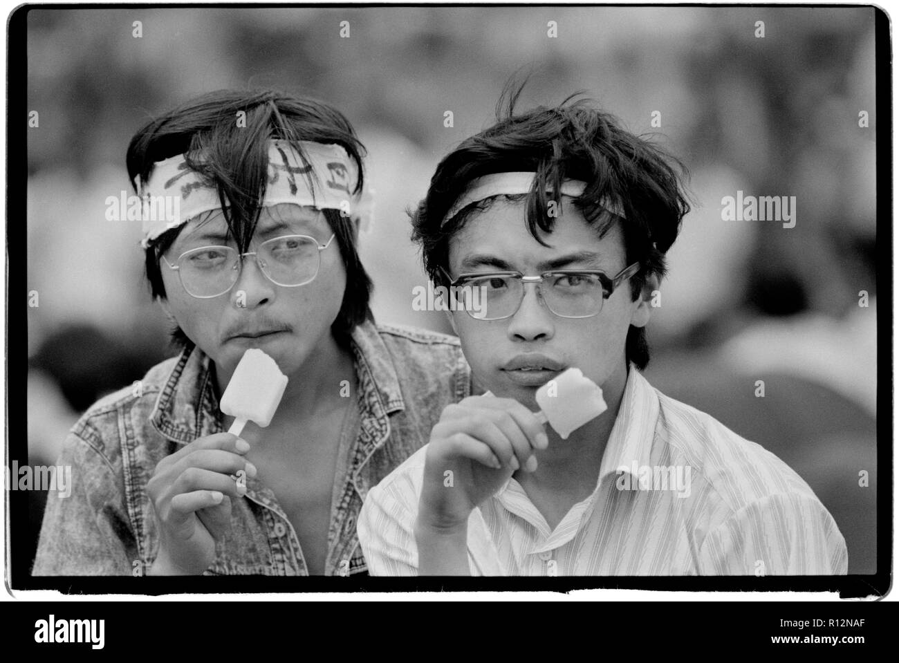China Shanghai a few days after the massacre in Tiananmen Square in June 1989. Scans made in 2018 Students on the Shanghai University campus protest and mourn the deaths of fellow students in Beijing. Stock Photo