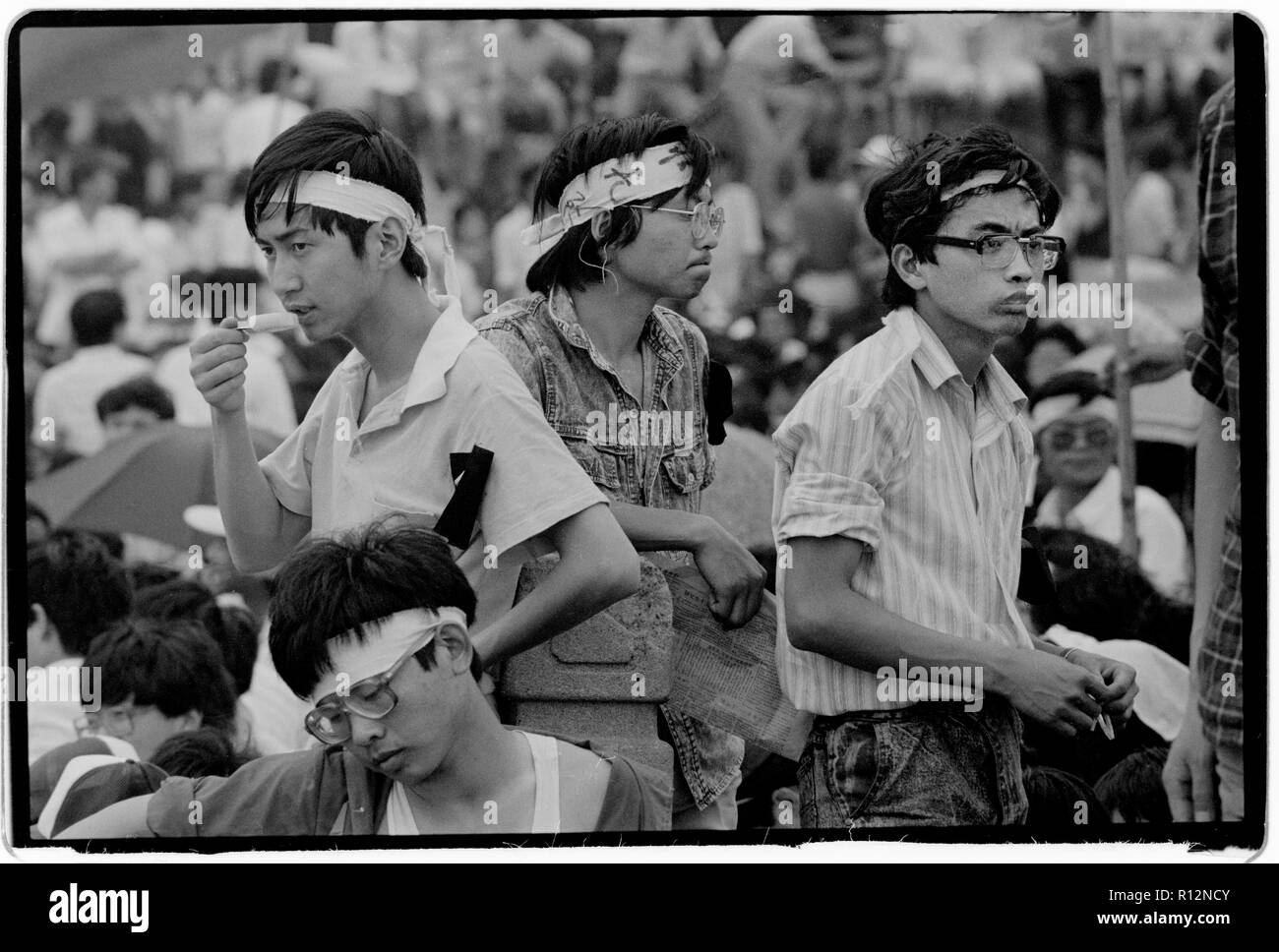 China Shanghai a few days after the massacre in Tiananmen Square in June 1989. Scans made in 2018 Students on the Shanghai University campus protest and mourn the deaths of fellow students in Beijing. Stock Photo