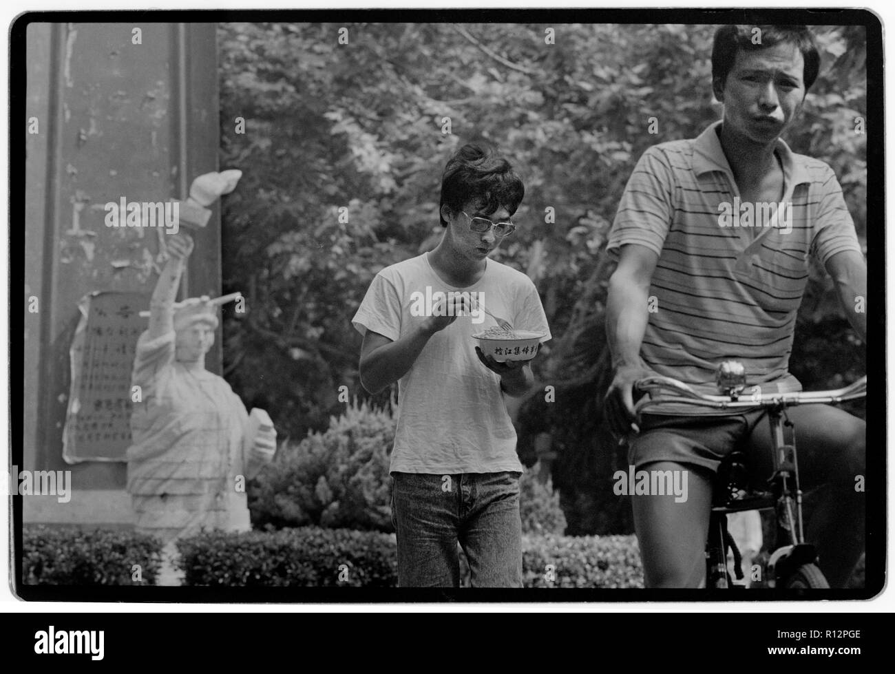 China Shanghai a few days after the massacre in Tiananmen Square in June 1989. Scans made in 2018 Students on the Shanghai University campus protest and mourn the deaths of fellow students in Beijing. Stock Photo