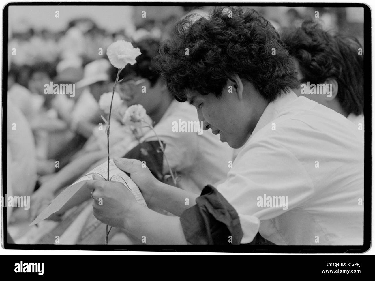 China Shanghai a few days after the massacre in Tiananmen Square in June 1989. Scans made in 2018 Students on the Shanghai University campus protest and mourn the deaths of fellow students in Beijing. Stock Photo
