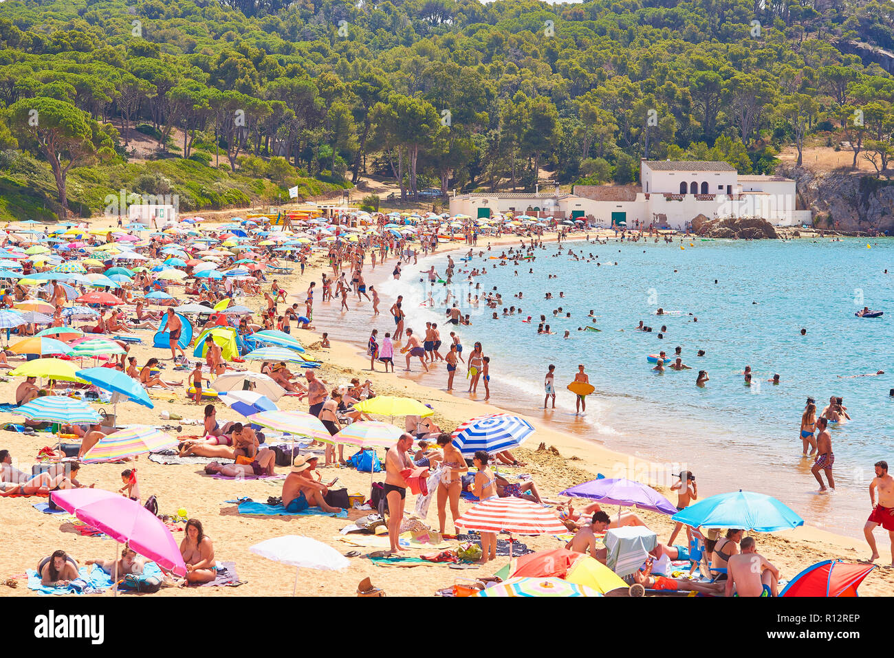 People enjoying a sunbathing in Castell beach of Palamos, Girona, Catalonia, Spain. Stock Photo