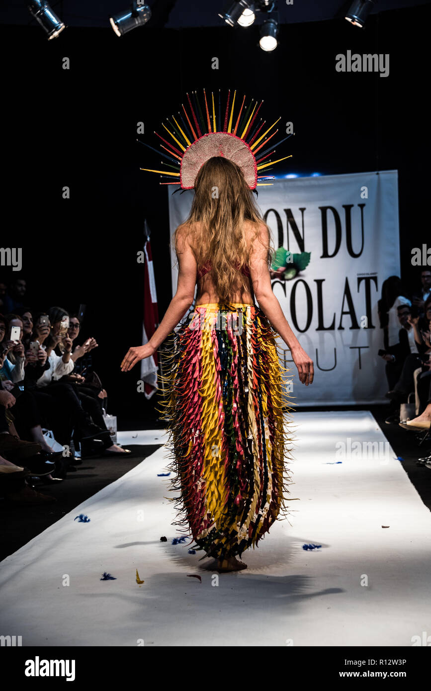 dress made on runway Beirut, Lebanon. 8th November, 2018. Model wearing a dress made from  chocolate walks the runway at the Salon du Chocolat catwalk show in Beirut,  Lebanon. These carefully designed garments have been painstaking