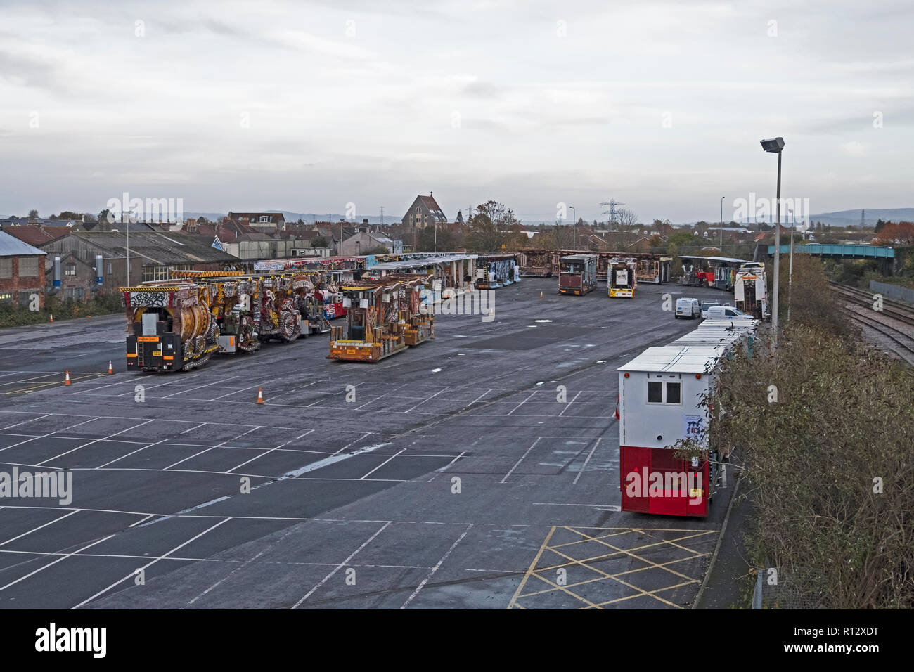 Weston-super-Mare, UK. 8th November, 2018. Carts which will take part in the annual illuminated carnival arrive in a car park in the town centre. The carnival, which will start at 19.15 on 9th November 2018, is one of a series held throughout Somerset and showcases the work of local carnival clubs which have spent most of the past year designing and building their carts. Keith Ramsey/Alamy Live News Stock Photo