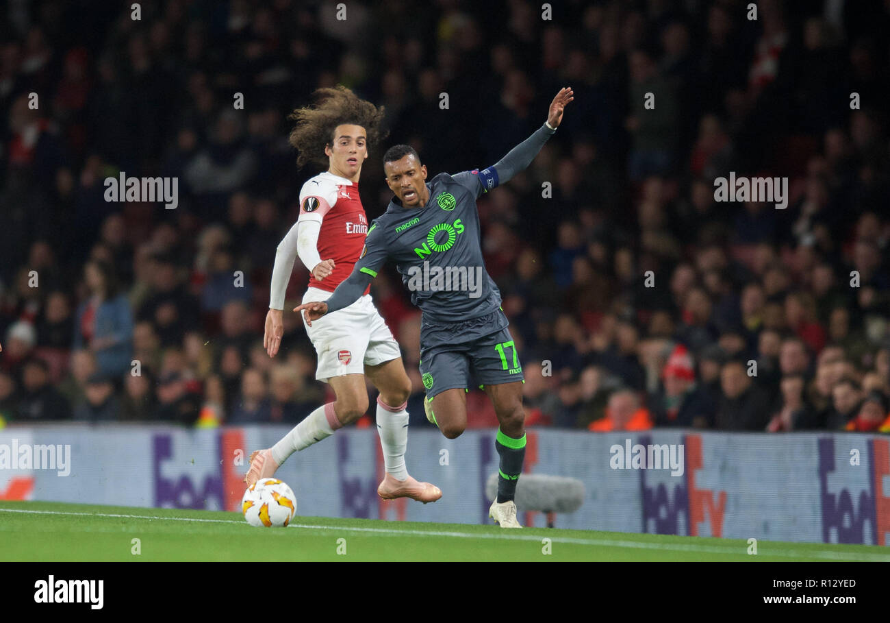 London, UK. 8th November, 2018. Nani of Sporting CP & MattŽo Guendouzi of Arsenal during the UEFA Europa League group match between Arsenal and Sporting Clube de Portugal at the Emirates Stadium, London, England on 8 November 2018. Photo by Andrew Aleks / PRiME Media Images. . (Photograph May Only Be Used For Newspaper And/Or Magazine Editorial Purposes. www.football-dataco.com) Credit: Andrew Rowland/Alamy Live News Stock Photo