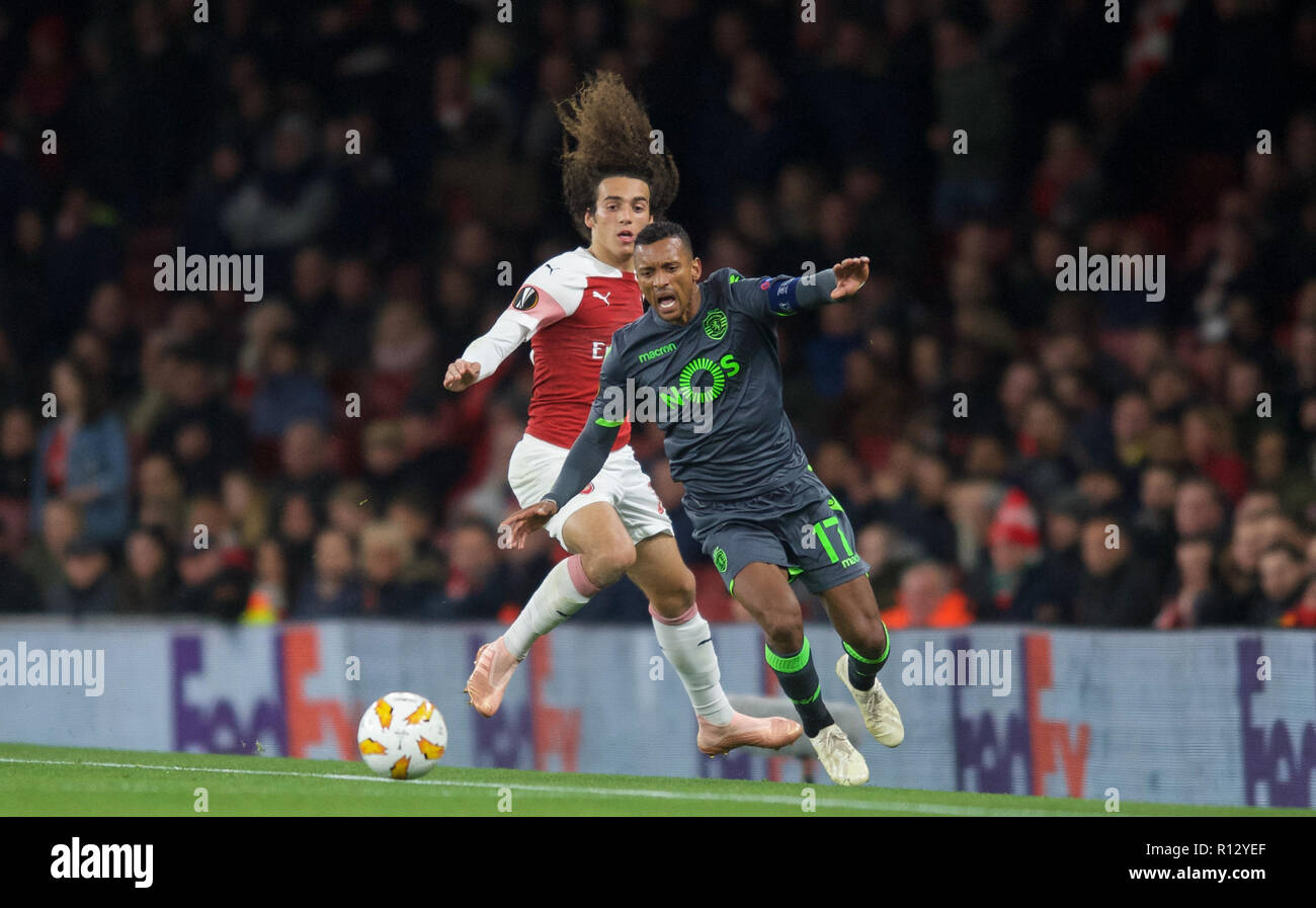 London, UK. 8th November, 2018. Nani of Sporting CP and MattŽo Guendouzi of Arsenal  during the UEFA Europa League group match between Arsenal and Sporting Clube de Portugal at the Emirates Stadium, London, England on 8 November 2018. Photo by Andrew Aleks / PRiME Media Images. . (Photograph May Only Be Used For Newspaper And/Or Magazine Editorial Purposes. www.football-dataco.com) Credit: Andrew Rowland/Alamy Live News Stock Photo