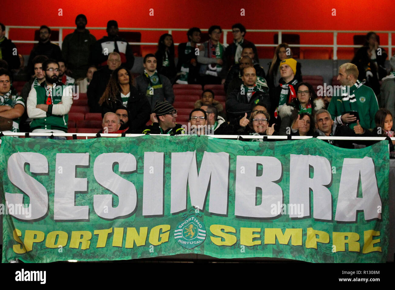 London, UK . 8th November, 2018. Sporting Club de Portugal fans seen during the UEFA Europa League Group Stage match between Arsenal and Sporting at the Emirates Stadium, London, England on 8 November 2018. Photo by Carlton Myrie.  Editorial use only, license required for commercial use. No use in betting, games or a single club/league/player publications. Credit: UK Sports Pics Ltd/Alamy Live News Stock Photo