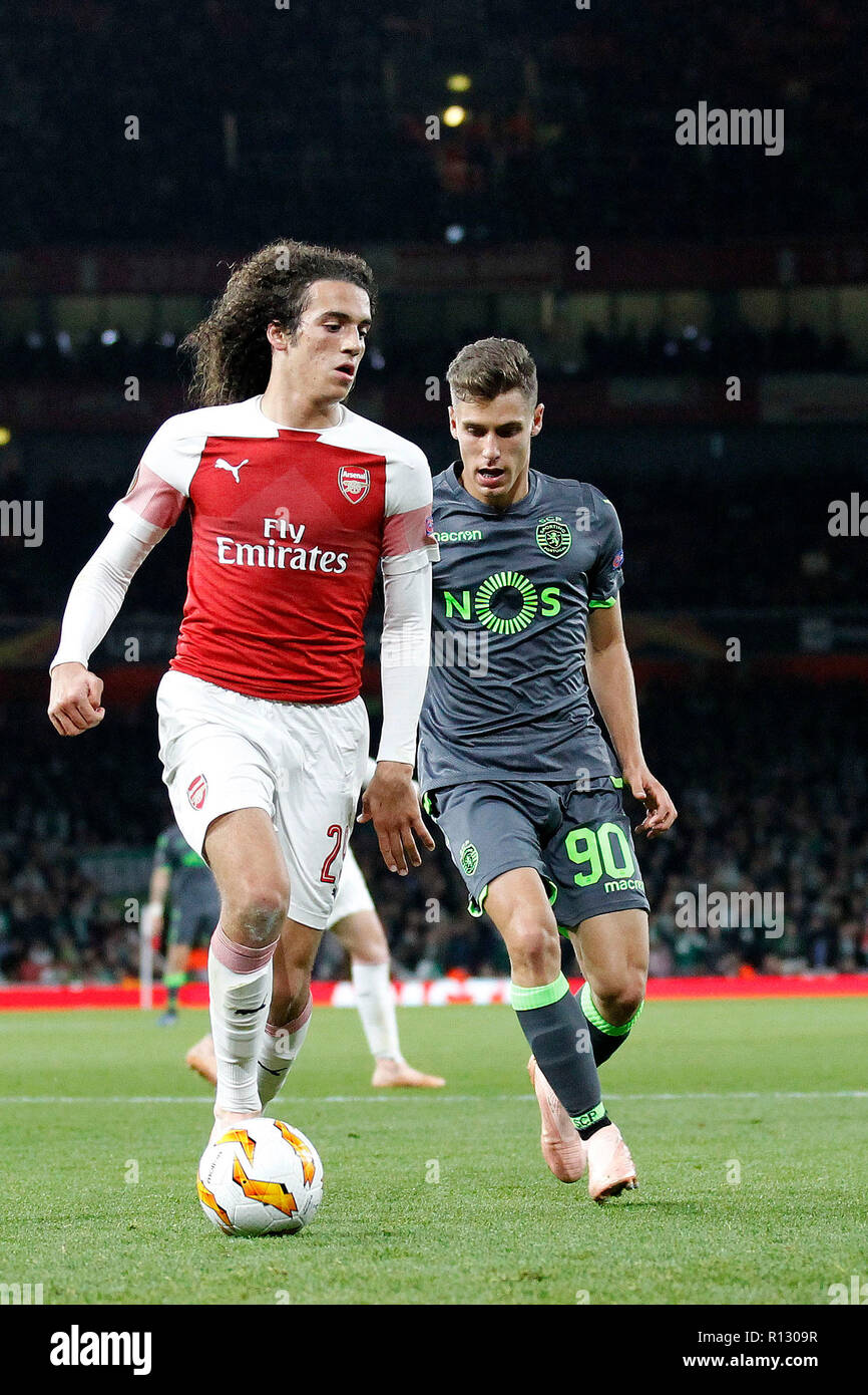 London Uk 8th November 2018 Miguel Luis Of Sporting Clube De Portugal Closes Down Matteo Guendouzi Of Arsenal During The Uefa Europa League Group Stage Match Between Arsenal And Sporting At