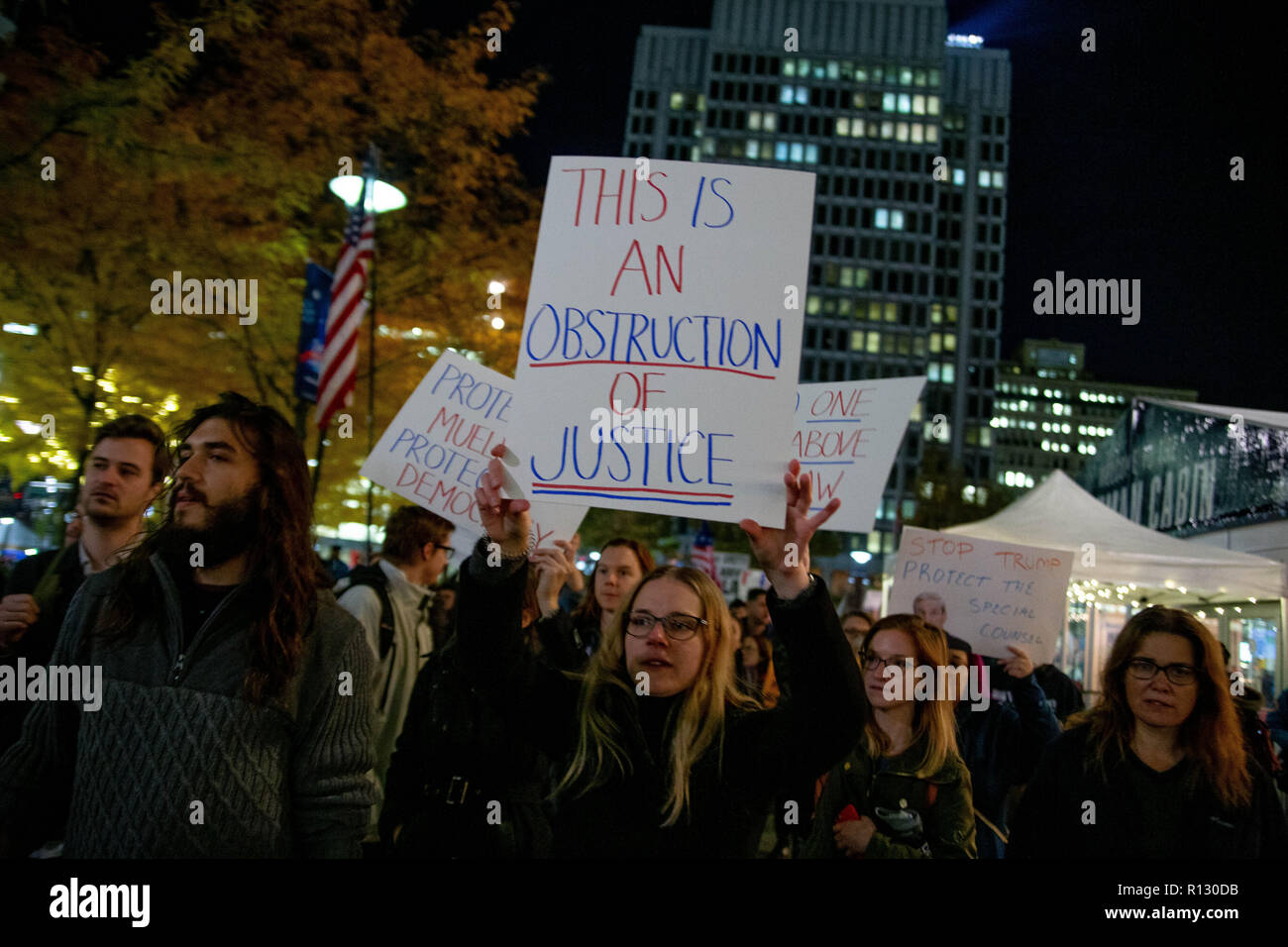 Philadelphia, Pennsylvania, USA. November 8, 2018 - Hundreds of protestors gather and march in Philadelphia, November 8, 2018 in an event pre-planned by organizers and triggered by President Trump's firing of Attorney General Sessions and appointment of Matthew Whitaker as Acting AG, seen as a potential threat against the Mueller investigation. Credit: Michael Candelori/ZUMA Wire/Alamy Live News Stock Photo