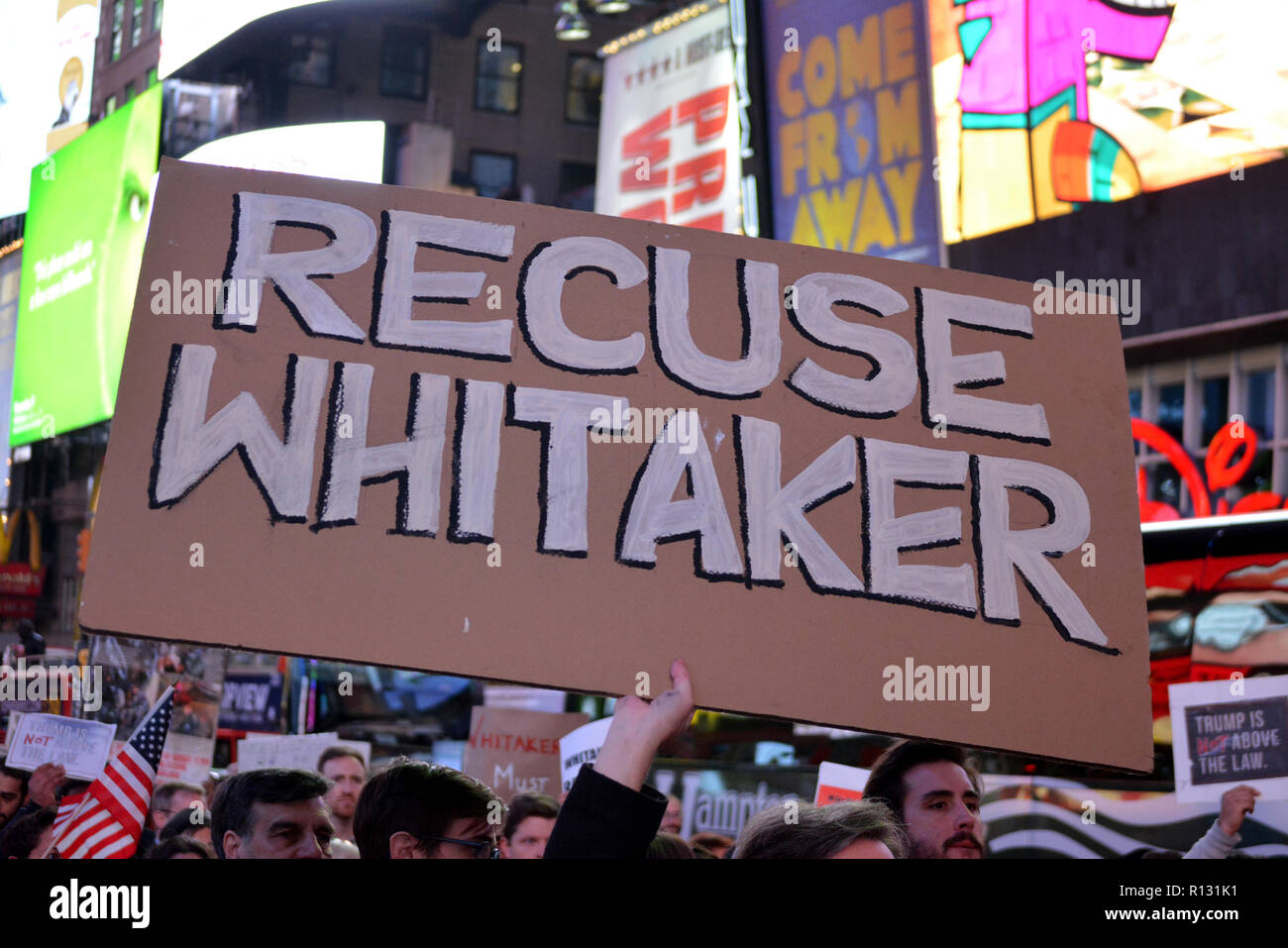 New York, USA. 8th November, 2018. Protesters gathered in Times Square over President Trump's firing of Attorney General Jeff Sessions and to support special counsel Robert Mueller. Credit: Christopher Penler/Alamy Live News Stock Photo