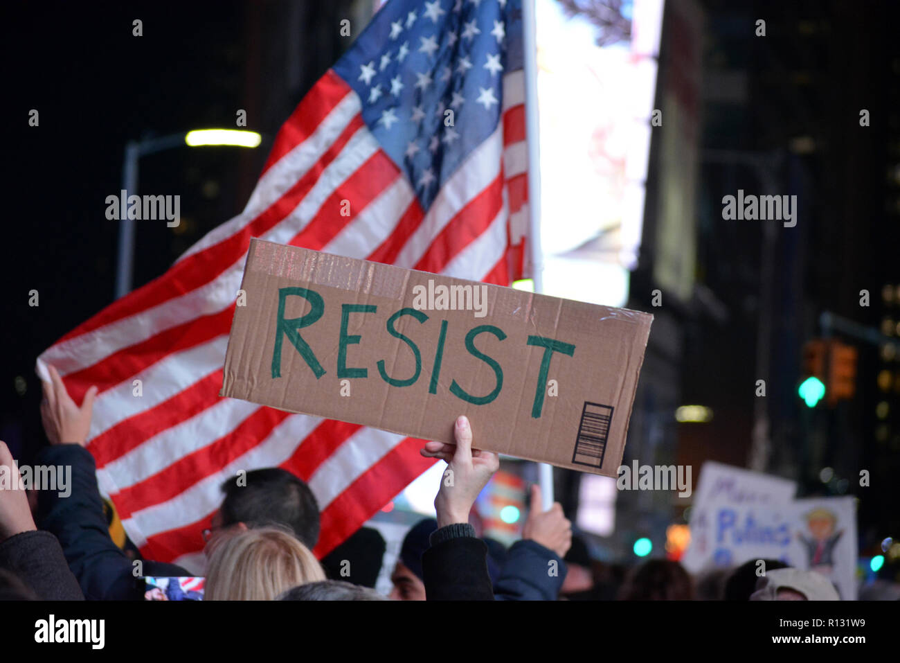 New York, USA. 8th November, 2018. Protesters gathered in Times Square over President Trump's firing of Attorney General Jeff Sessions and to support special counsel Robert Mueller. Credit: Christopher Penler/Alamy Live News Stock Photo