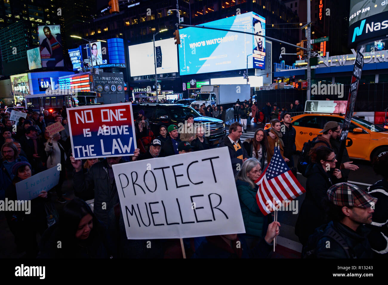 New York, USA. November 8, 2018 Thousands of people marched from Times Square to Union Square during the evening rush hour to protest against the departure of Jeff Sessions as the Trump administration’s attorney general and to defend the Mueller Russia investigation.  The march was one of dozens scheduled for 5 p.m. local time in cities across the USA., according to advocacy group MoveOn.org Civic Action. Credit: Joseph Reid/Alamy Live News Stock Photo
