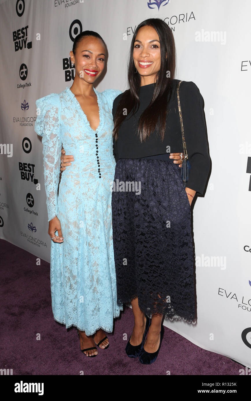 Los Angeles, Ca, USA. 8th Nov, 2018. Zoe Saldana and Rosario Dawson at the  Eva Longoria Foundation Dinner Gala honoring Zoe Salda-a and Gina Rodriguez  at The Four Seasons Beverly Hills in, image size:869x1390