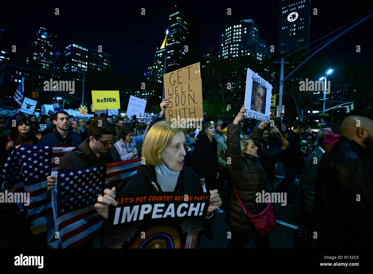 New York, USA. November 8, 2018 Thousands of people marched from Times Square to Union Square during the evening rush hour to protest against the departure of Jeff Sessions as the Trump administration’s attorney general and to defend the Mueller Russia investigation.  The march was one of dozens scheduled for 5 p.m. local time in cities across the USA., according to advocacy group MoveOn.org Civic Action. Credit: Joseph Reid/Alamy Live News Stock Photo
