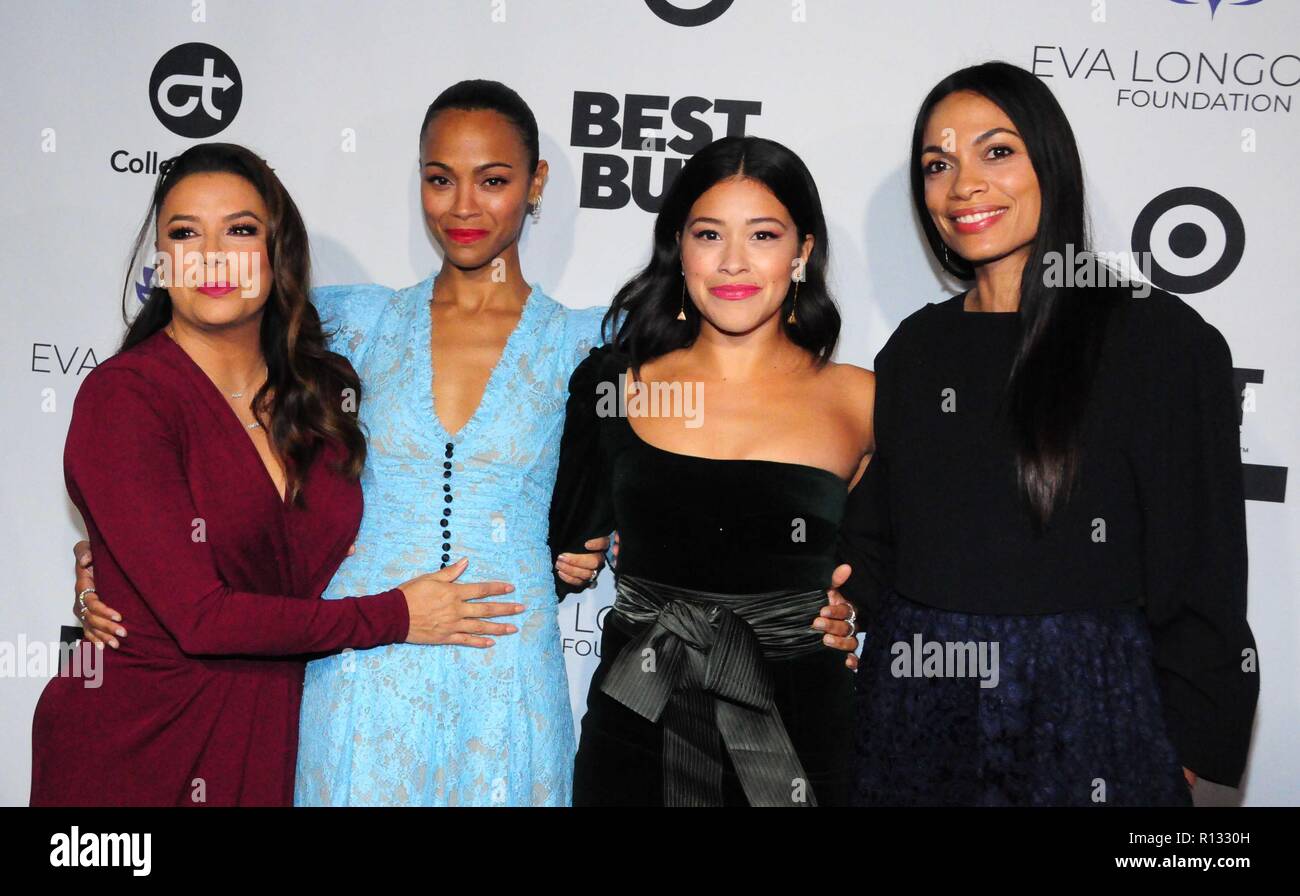 Los Angeles, California, USA. 8th November, 2018. (L-R) Actresses Eva Longoria, Zoe Saldana, Gina Rodriguez and Rosario Dawson attend the Eva Longoria Foundation Annual Dinner on November 8, 2018 at Four Season Beverly Hills in Beverly Hills, California. Photo by Barry King/Alamy Live News Stock Photo