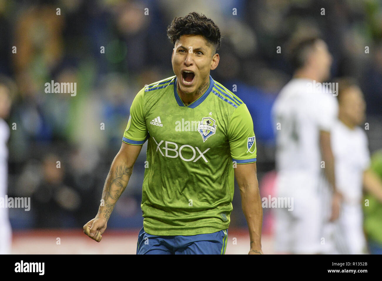 Seattle, Washington, USA. 8th Nov, 2018. Seattle's RAUL RUIDIAZ (9) celebrates his 2nd half goal as the Portland Timbers visit the Seattle Sounders in a MLS Western Conference semi-final match at Century Link Field in Seattle, WA. Credit: Jeff Halstead/ZUMA Wire/Alamy Live News Stock Photo