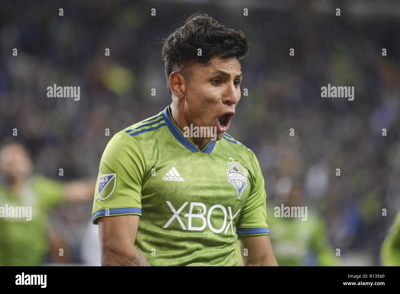 Seattle, Washington, USA. 8th Nov, 2018. Seattle's RAUL RUIDIAZ (9) celebrates his 2nd half goal as the Portland Timbers visit the Seattle Sounders in a MLS Western Conference semi-final match at Century Link Field in Seattle, WA. Credit: Jeff Halstead/ZUMA Wire/Alamy Live News Stock Photo