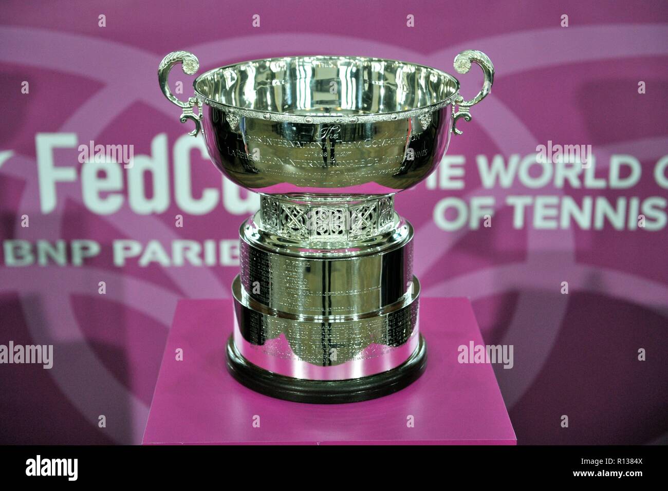 Prague, Czech Republic. 9th Nov, 2018. Fed Cup trophy at draw ceremony of  the Tennis Fed Cup World Group first round tie between the Czech Republic  and the United States of America