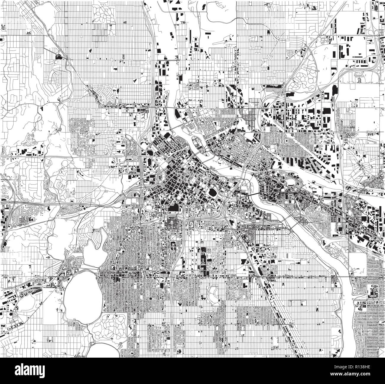 Satellite map of Minneapolis, Minnesota, Usa, city streets. Street map and map of the city