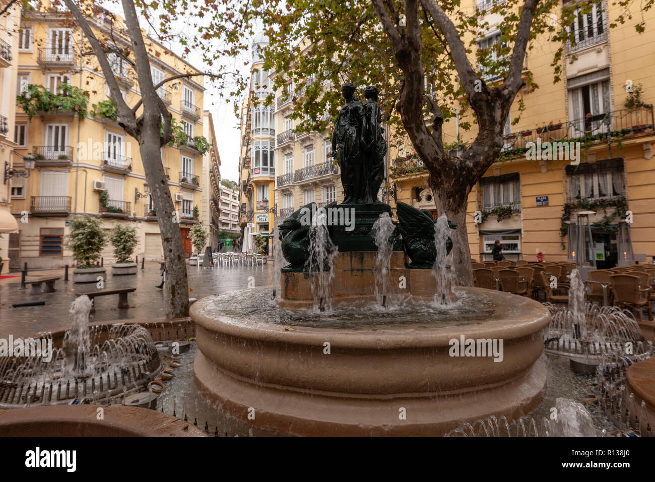 Fuente de las tres ninfas o de los patos in Rodrigo Botet plaza, Valencia, Spain Stock Photo
