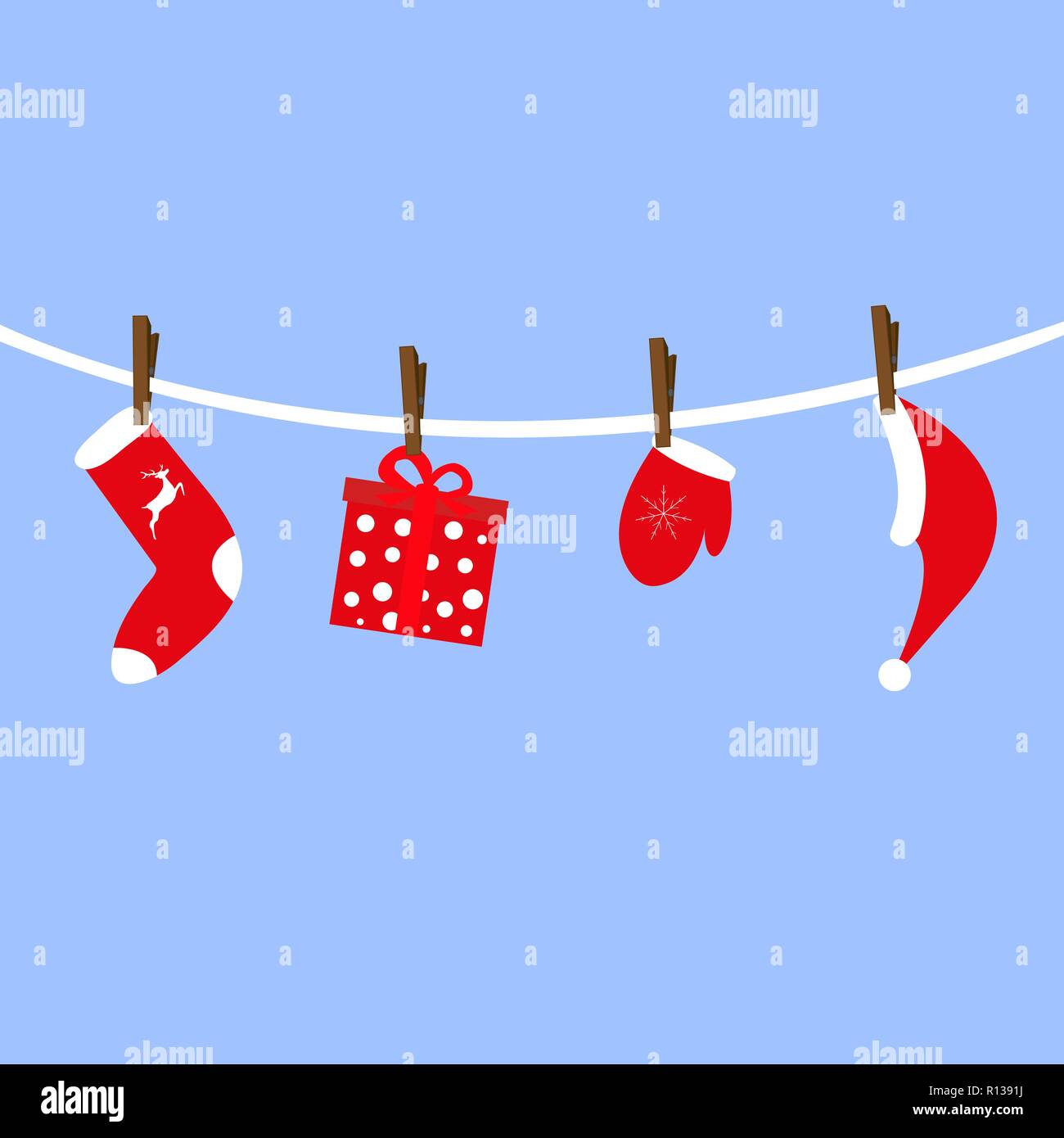 Santa Claus accessories hang on clothespins Stock Vector