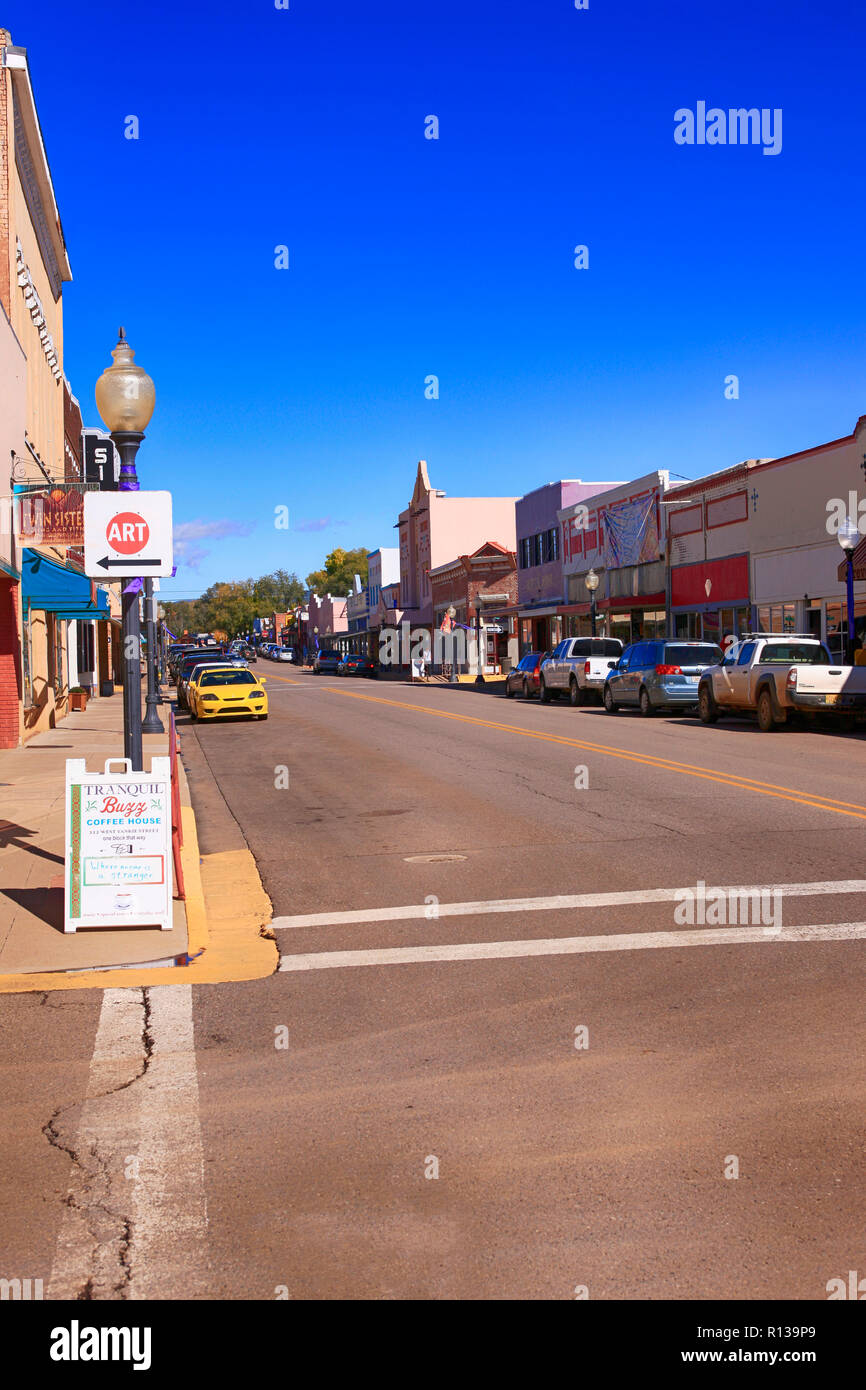 View of the stores on N Bullard Street in downtown Silver City NM Stock