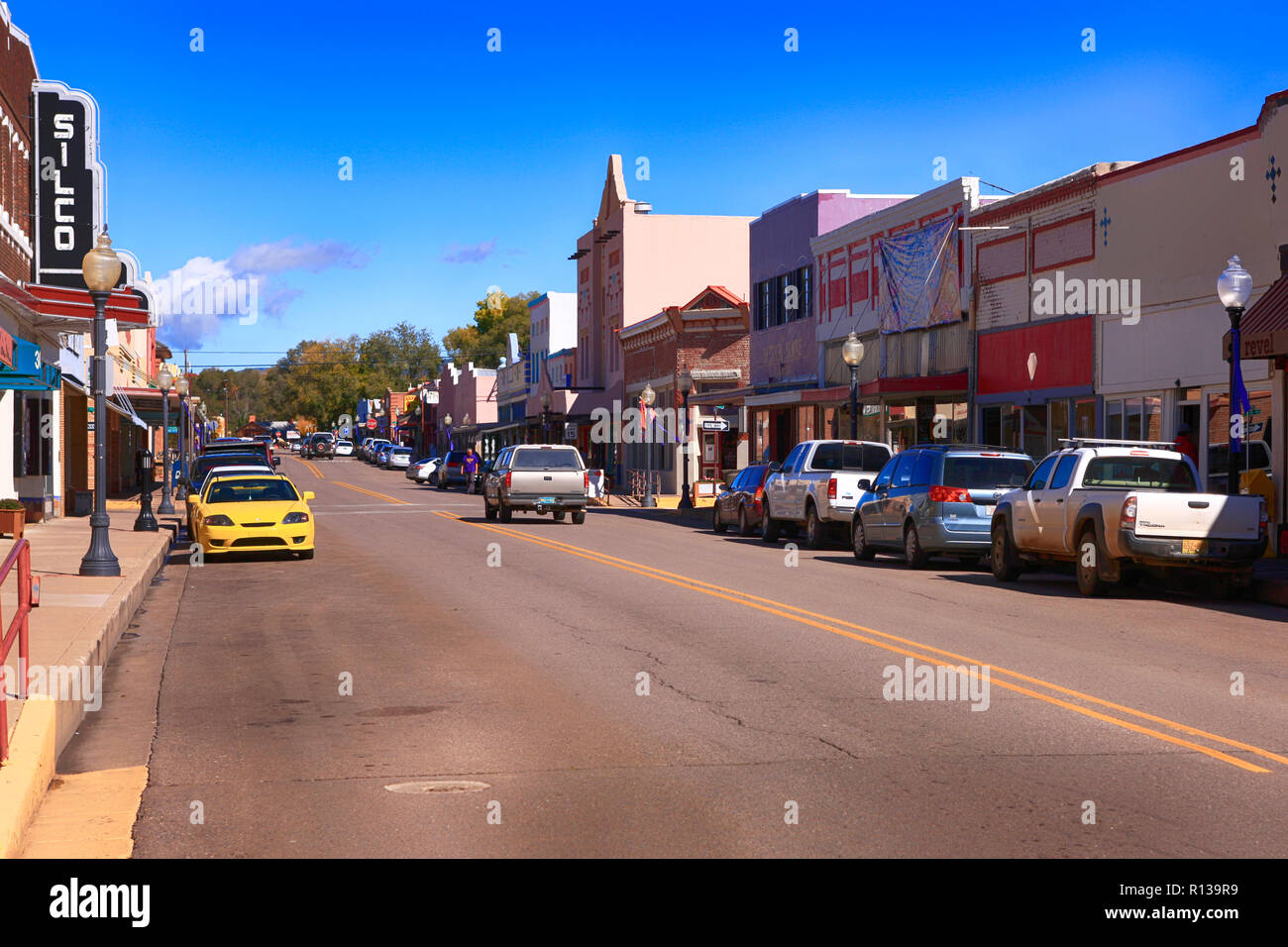 View of the stores on N Bullard Street in downtown Silver City NM Stock