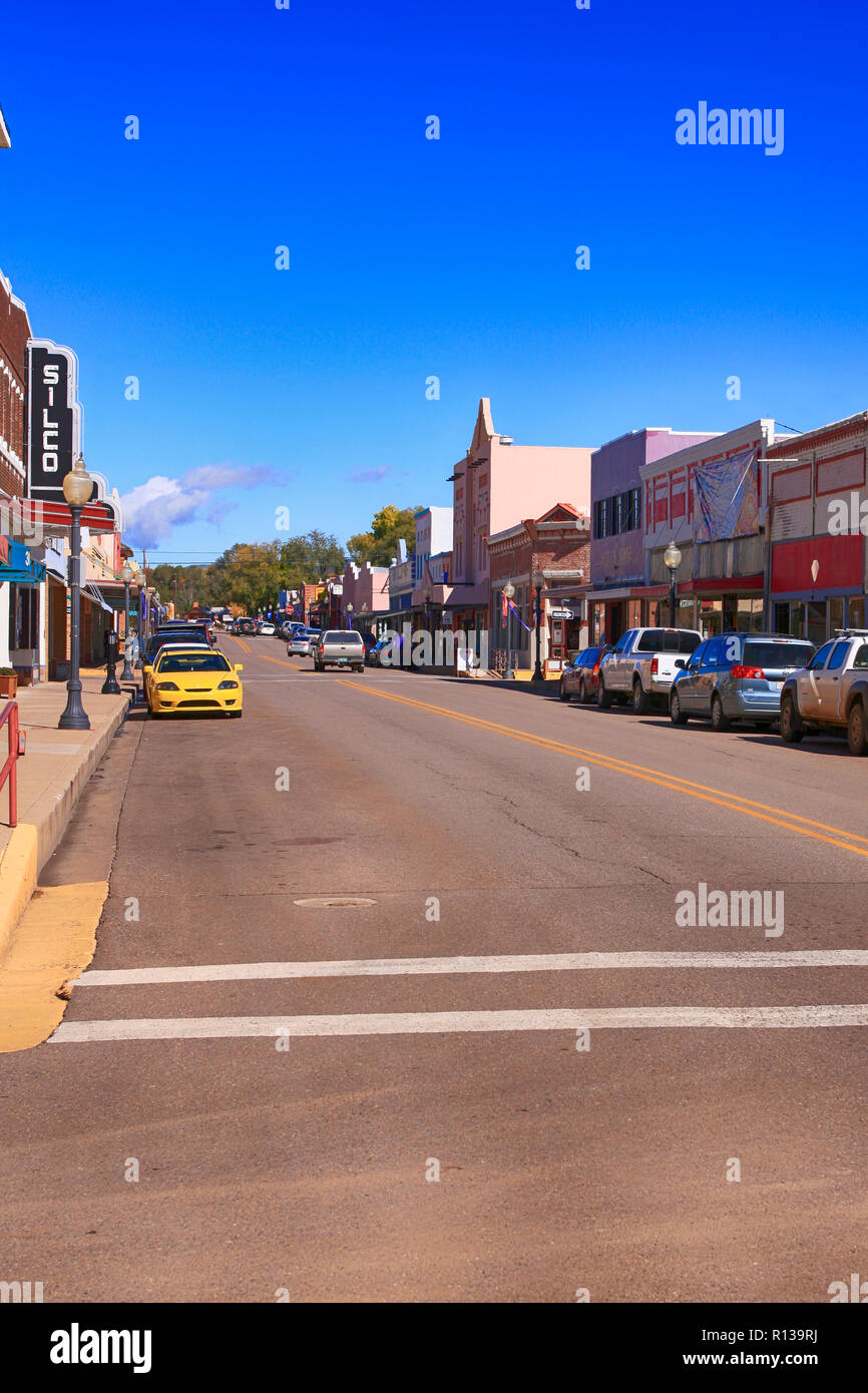 View of the stores on N Bullard Street in downtown Silver City NM Stock