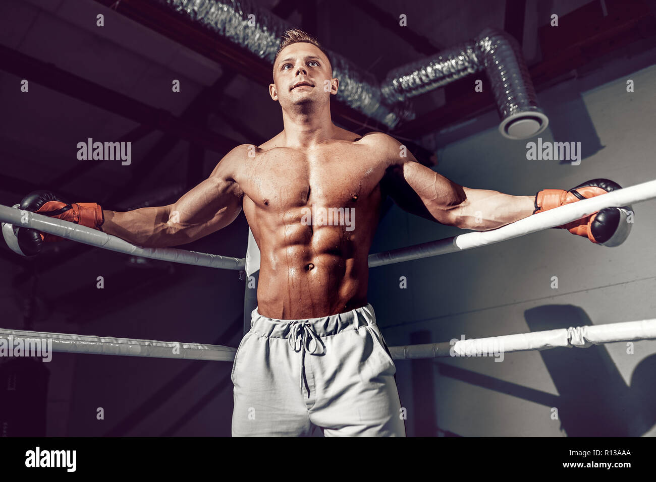 muscular professional kick boxer resting on the ropes in the corner of