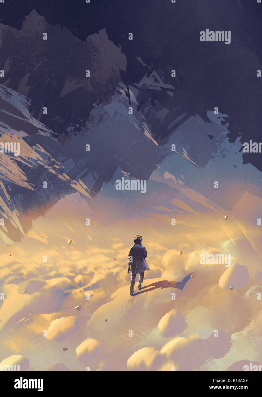 scenery of surreal world showing a man walking on clouds looking at upside-down mountains, digital art style, illustration painting Stock Photo