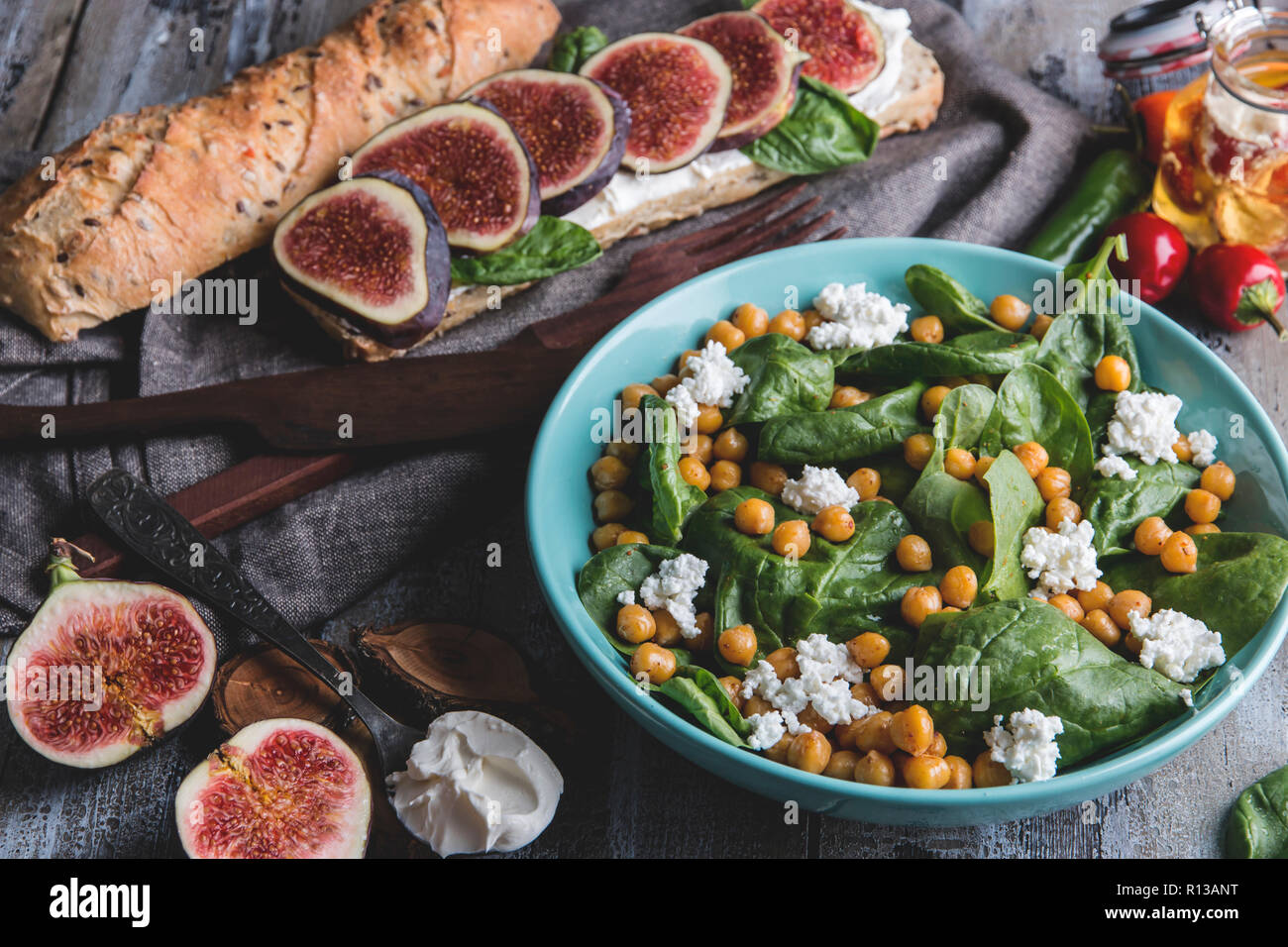 Chickpeas And Veggies Salad With Spinach Leaves Homemade Cottage