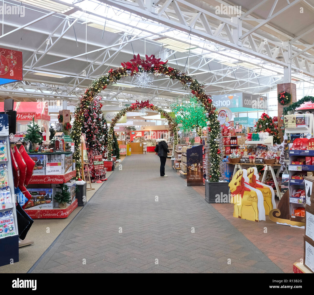 Lone female shopper in large garden centre that has been decorated for Christmas Stock Photo